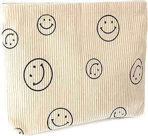 Job Lot of 50 x Beige Smile Print Makeup Bag for Women, Corduroy Travel Cosmetic Bag