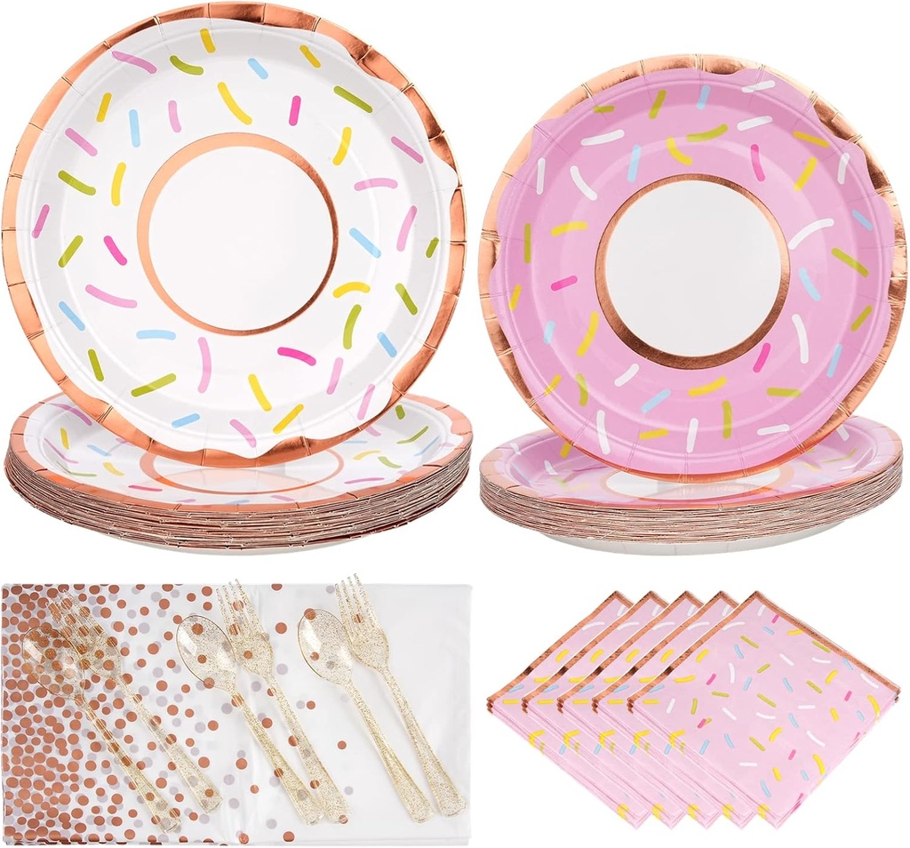 Job Lot of 8 x YHomU 126PCS Donut Party Tablewares, Sweet Donut Party Decorations Paper Dinnerware Set