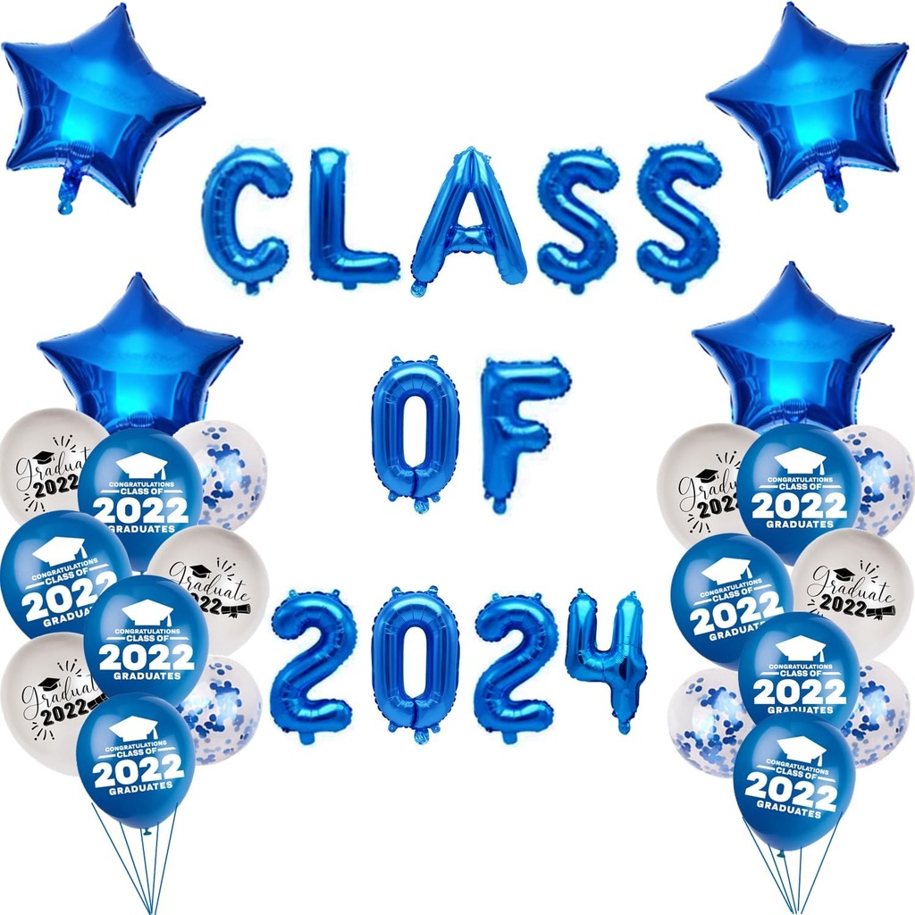 Job Lot of 26 x Class of 2024 Balloons with Blue Star Balloons Set, Hanging Foil Gold Balloons Letter for Hig