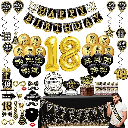 Job Lot of 8 x 18th birthday decorations black gold party Banner, Pennant, Hanging Swirl, balloons