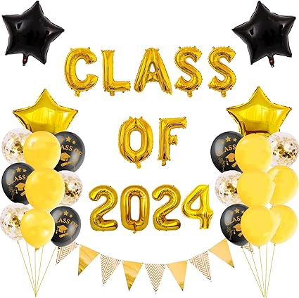 Job Lot of 38 x Class of 2024 Balloons with Black Gold Star Balloons Set, Hanging Foil Gold Balloons Letter for High School, College, Graduation Parties