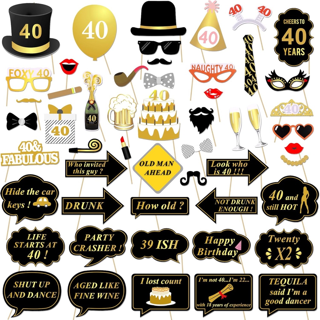 Job Lot of 11 x Konsait 40th Birthday Photo Booth Props, Black and Gold 40th Birthday Decorations Party Photo