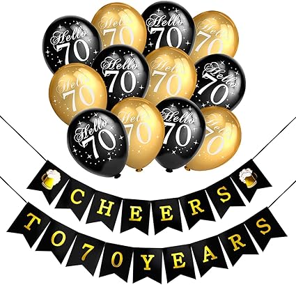 Job Lot of 3 x HOWAF 70th Birthday Party Decorations, Black and Gold Latex Balloon and Cheers To 70 Years Banner