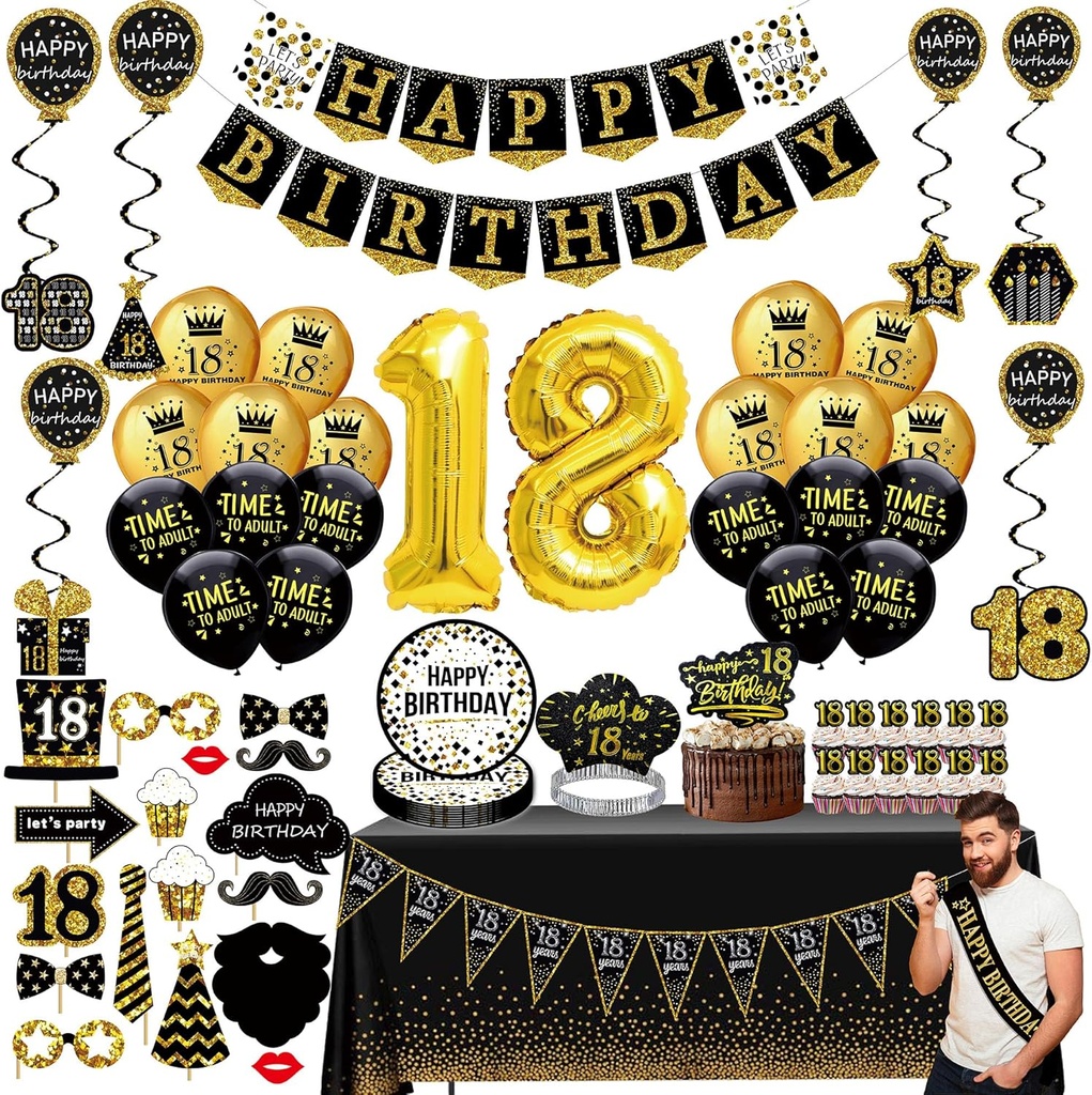 Job Lot of 9 x 18th birthday decorations black gold party Banner, Pennant, Hanging Swirl, balloons