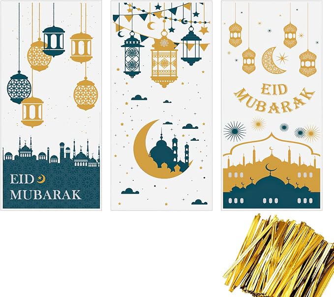 Job Lot of 39 x 150PCS Eid Mubarak Party Treat Bags, Ramadan Theme Printed Pattern Gift Bags Cellophane Clear