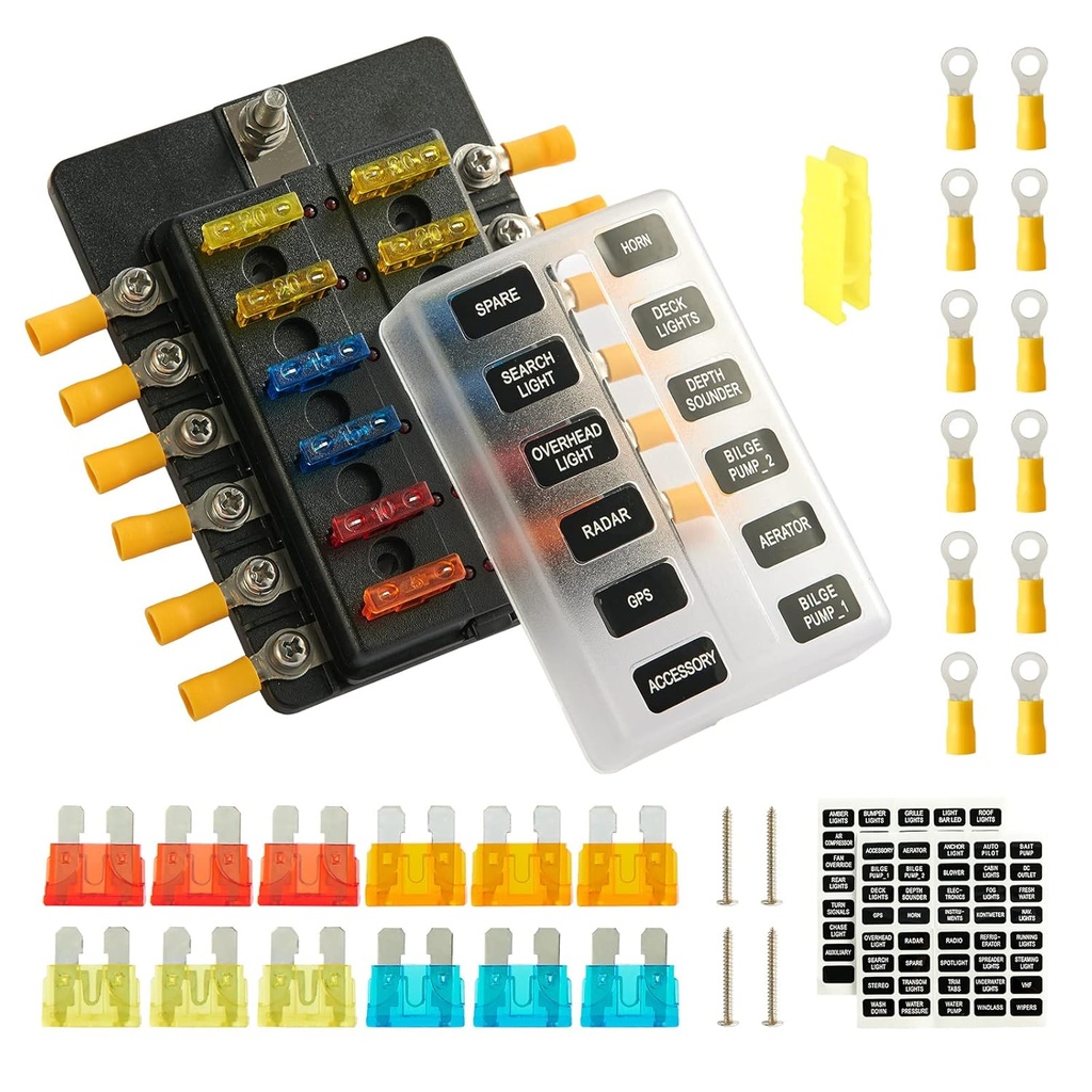 Auction Lot - 24 x Brand New 12V Fuse Box -12 Way Blade Fuse Block with LED Warning Indicator 
