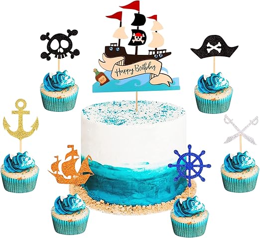 Job Lot of 35 x Blumomon 13Pcs Pirate Cake Toppers Set Pirate Theme Happy Birthday Cake Topper Decorations Sku