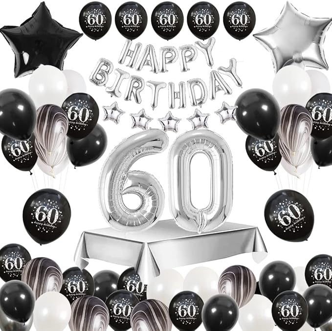 Job Lot of 24 x 60th Birthday Decorations Black Sliver, 60th Happy Birthday Banner Balloon, 60 Balloons Sliv