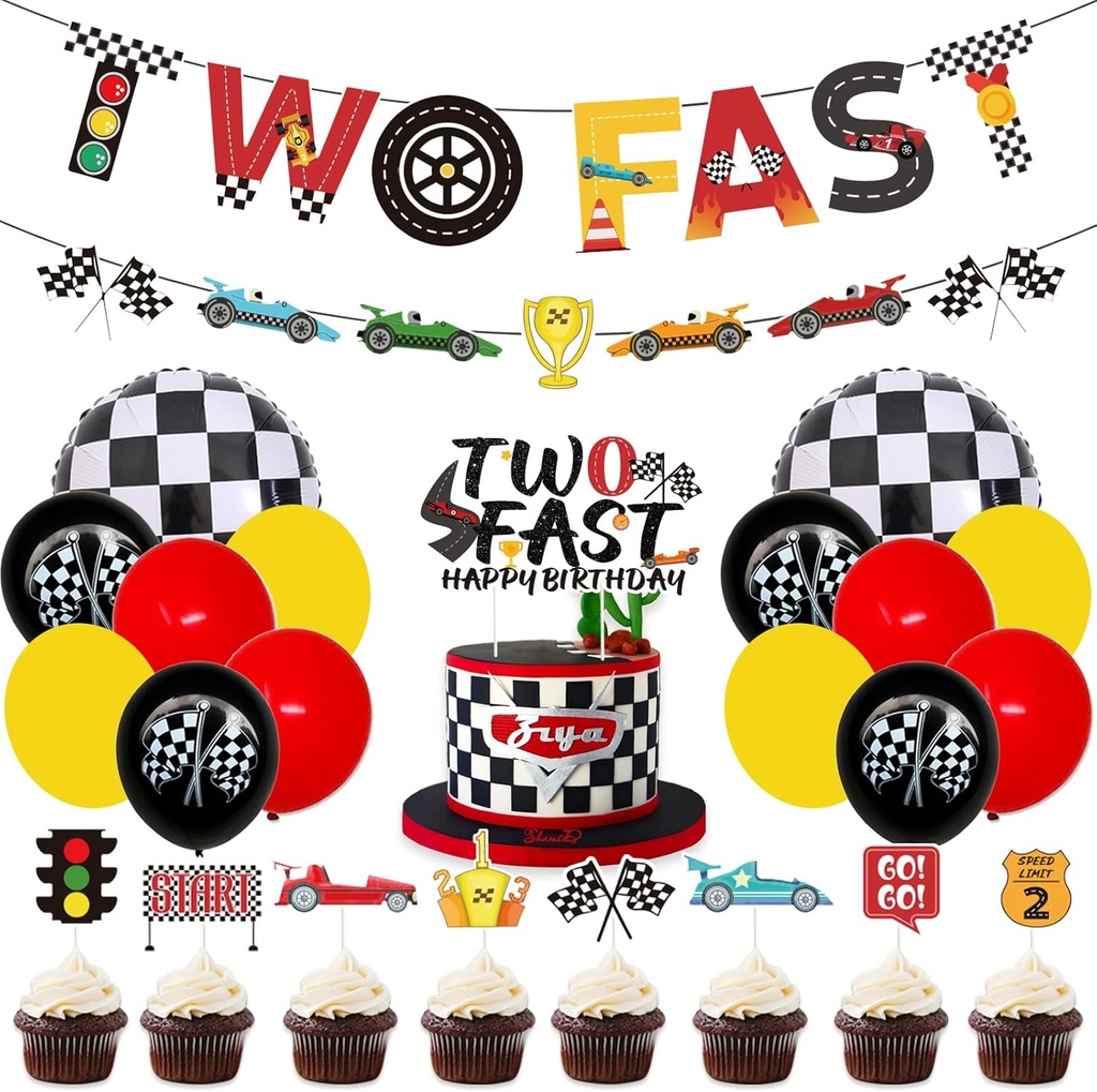 Auction Lot - 20 x Two Fast Birthday Decorations 2nd Party Supplies With Banner, Cake Toppers and Checker Balloons