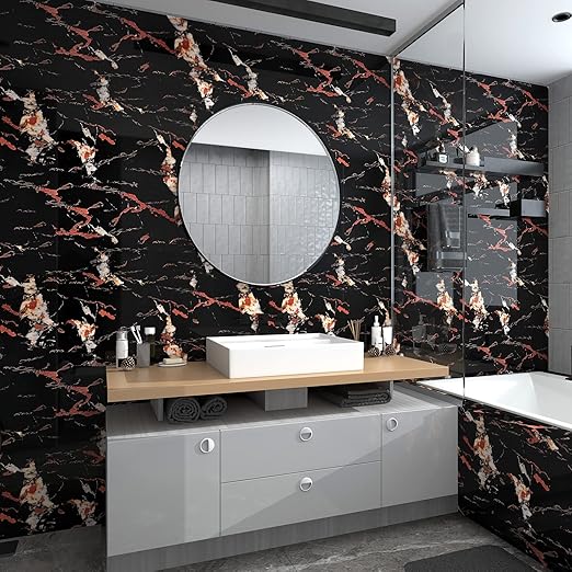 Job Lot of 11 x 40cm Black Orange Grain Marble Wallpaper Peel and Stick Vinyl Wrap Removable Glossy