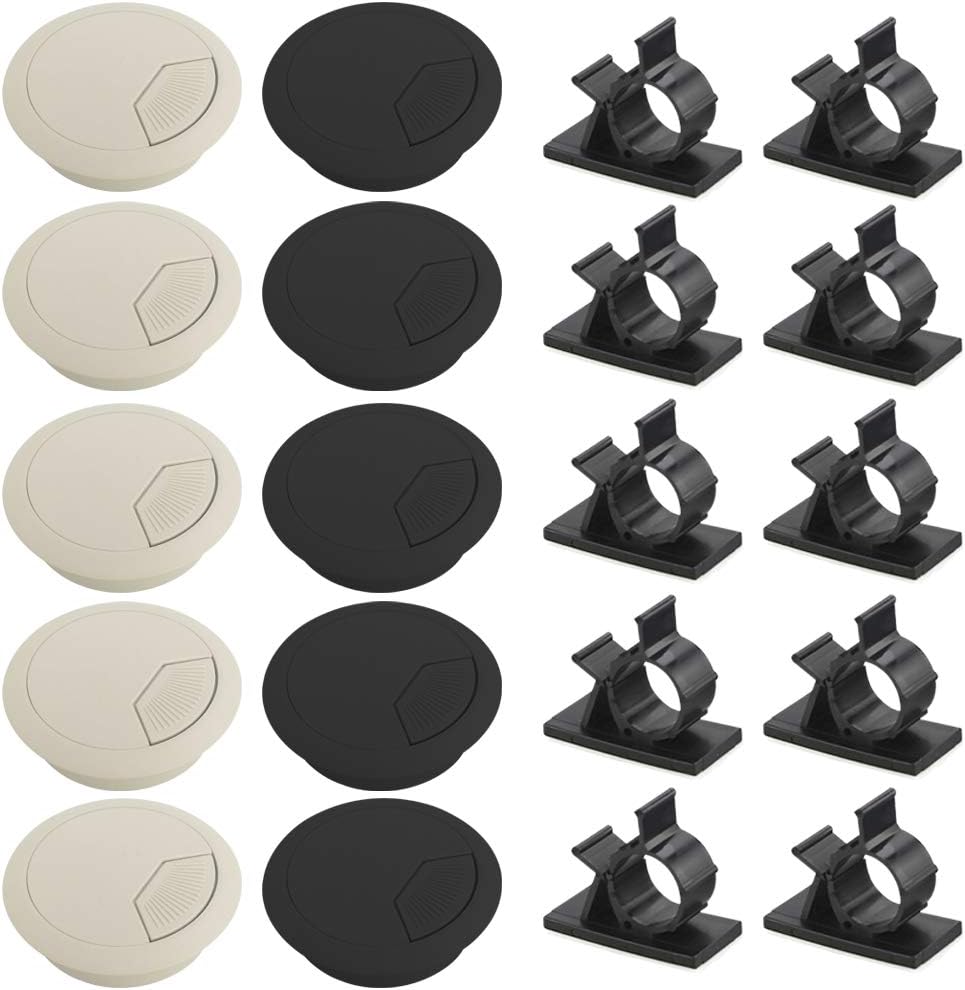 Job Lot of 20 x Set of 20 Cord Organizers, SourceTon 2 Inch Desk Grommet (5 Black & 5 White) and 10 Pieces Adjustable Cable Tie Clips