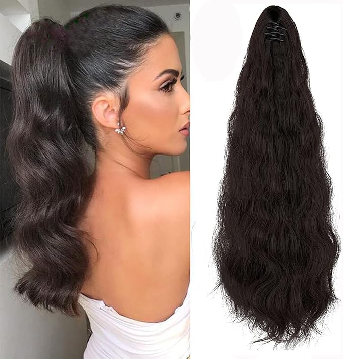 Job Lot of 3 x ZAIQUN 18" Pony Tail Clip On Extensions Long Voluminous Hair Piece Wavy Curly Heat-Resisting Hair Extensions Colour Dark Brown