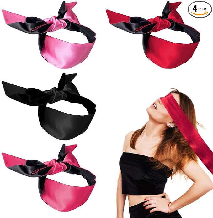 Job Lot of 12 x SKHAOVS 4 Pcs Blindfolds, Silk Satin Blindfold Soft Blind Fold Eye Covers, Eye Mask for Sleeping Games, Satin Sleep Mask for Valentine Gift, Travel Supplies, 150cm (Black, Pink, Rose Red, Wine Red)