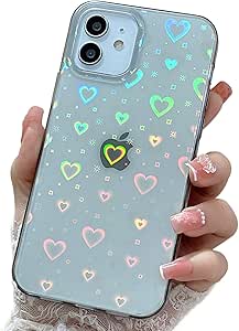 Job Lot of 48 x SmoBea Compatible with iPhone 12 Mini Case, Clear Glitter Holographic Laser Love Heart Pattern Shockproof Slim Protective Case Cover for Girls/Women