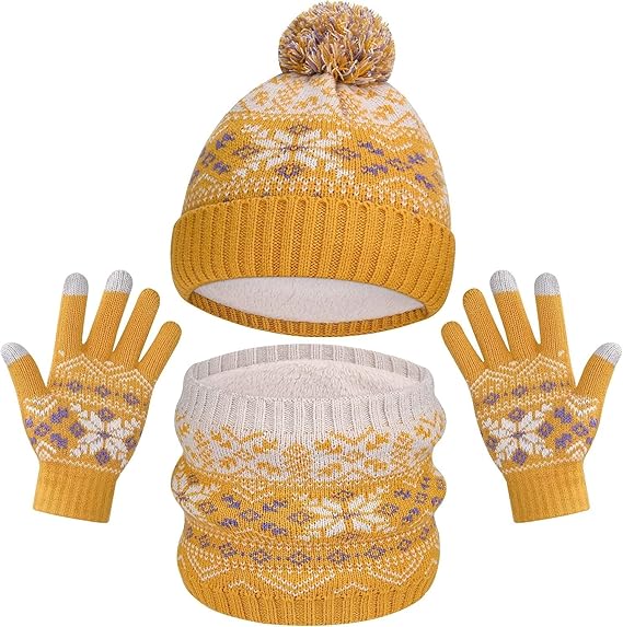 Kids Hat Scarf Gloves Set - Winter Warm Beanie Cap Neck Warmer Mittens
