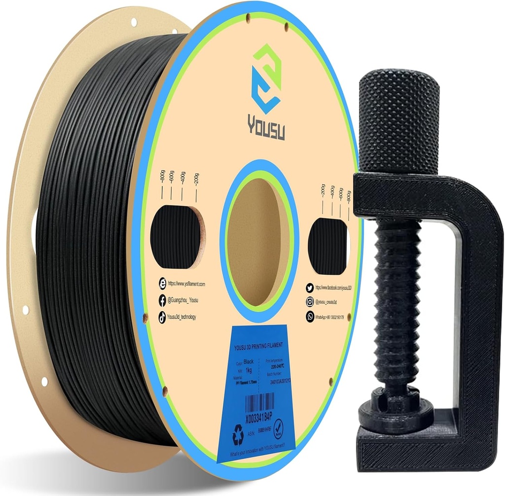 YOUSU Polypropylene PP Filament, 1.75mm 3D Printer Filament for 3D Printing, 1kg(2.2lbs) 5pcs