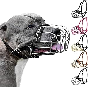 BRONZEDOG Pitbull Dog Muzzle Metal Mask Amstaff Wire Basket Pit Bull Adjustable Leather Strap