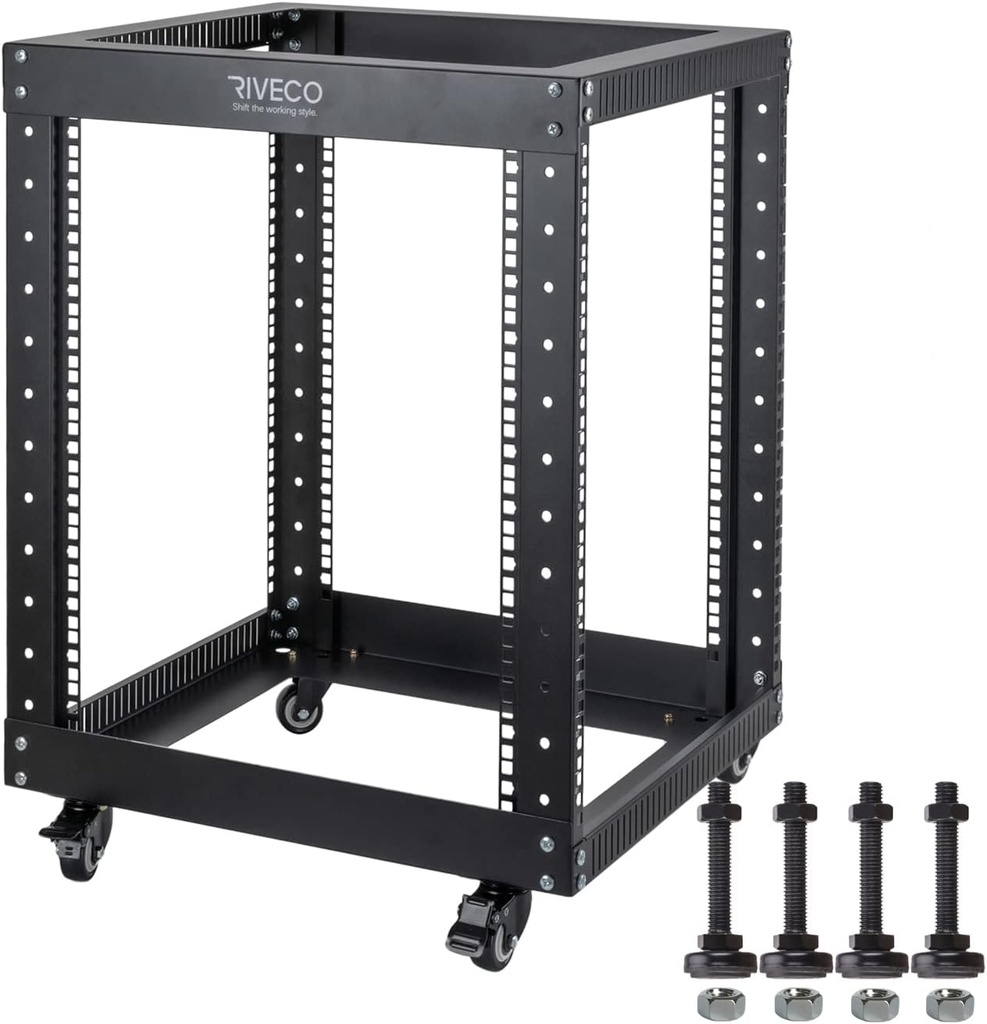 12U Server Rack Open Frame with Casters-RIVECO 4 Post Quick Assembly 19-inch, Data Rack
