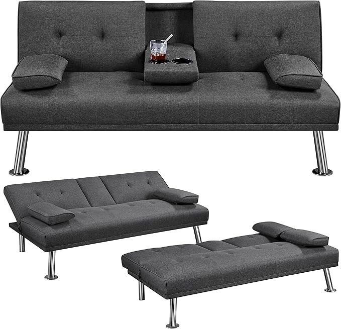 Yaheetech Sofa Bed Fabric Click Clack Sofa Bed with 2 Cup Holders, Convertible Futon Settee