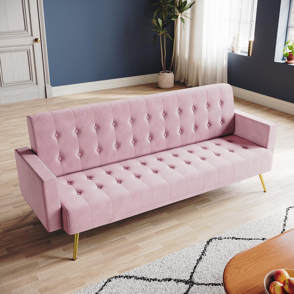 ZANOFIRA 3 Seater Click Clack Sofa, Pink Luxury Velvet Mid Century Modern Couches