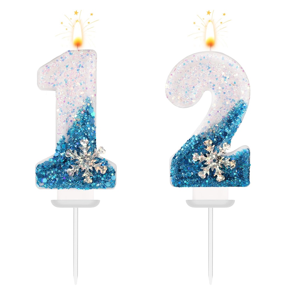 Job Lot of 12 x Number Candles, Snowflake Birthday Number Candles Blue White Birthday Number Candles Cake