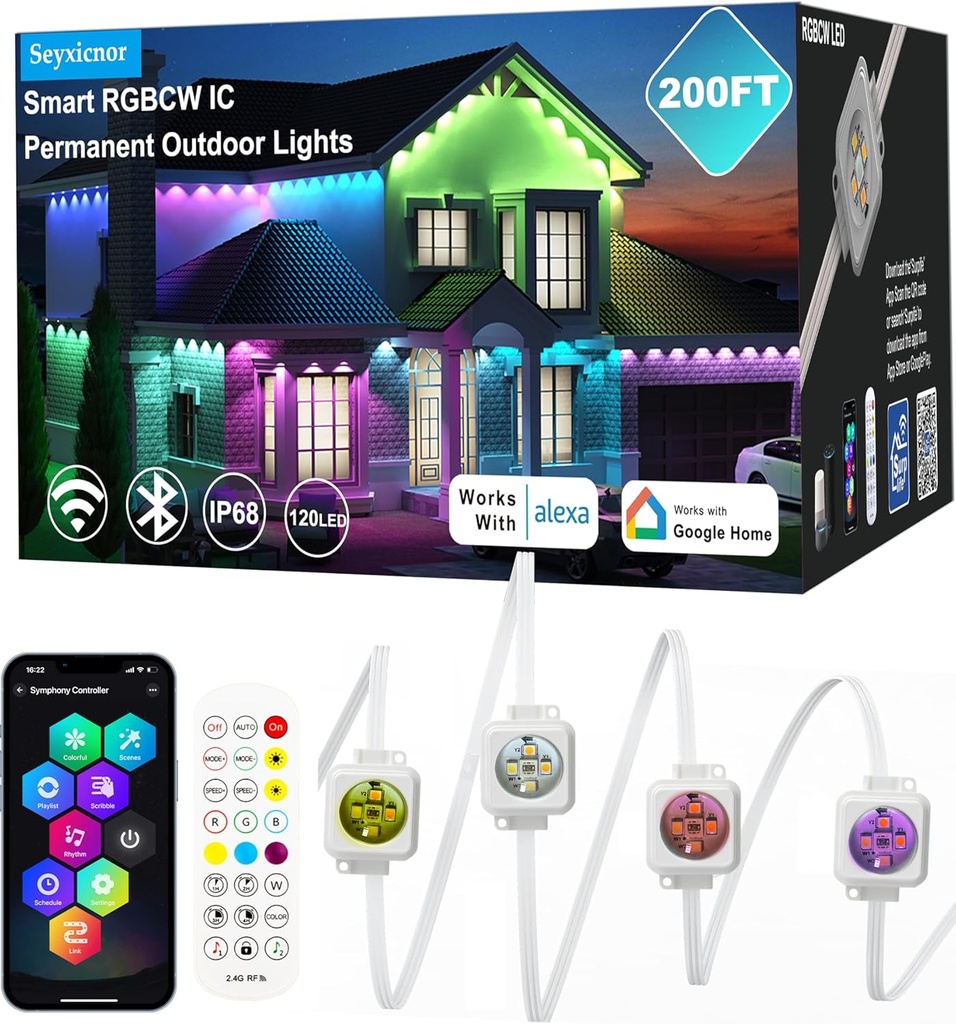 Seyxicnor Permanent Outdoor Lights Pro,200ft 120LED Smart RGBCW Outside Lights 