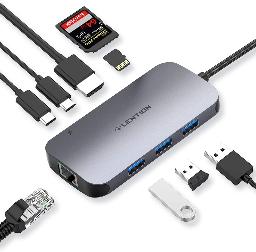 LENTION USB C Hub with 4K HDMI, Gigabit Ethernet, Card Reader, USB 3.0, Type C Data