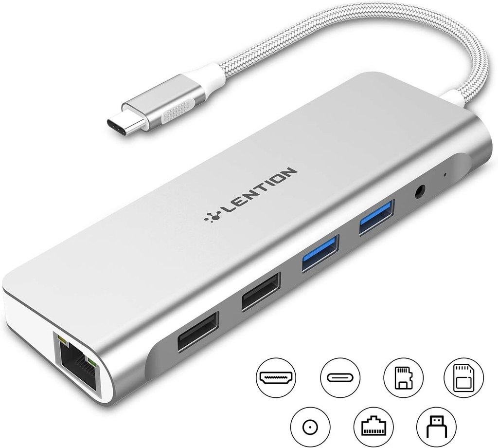 LENTION USB C Hub with 4K HDMI, SD 3.0 Card Reader, Gigabit Ethernet, Charging, USB 3.0/2.0