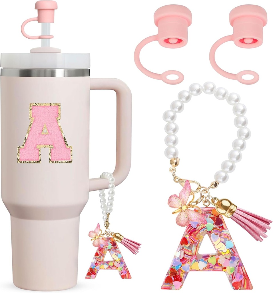 Stanley 4pcs Cup Accessories - Dustproof Straw Toppers, Letter Charm & Personalized Name ID