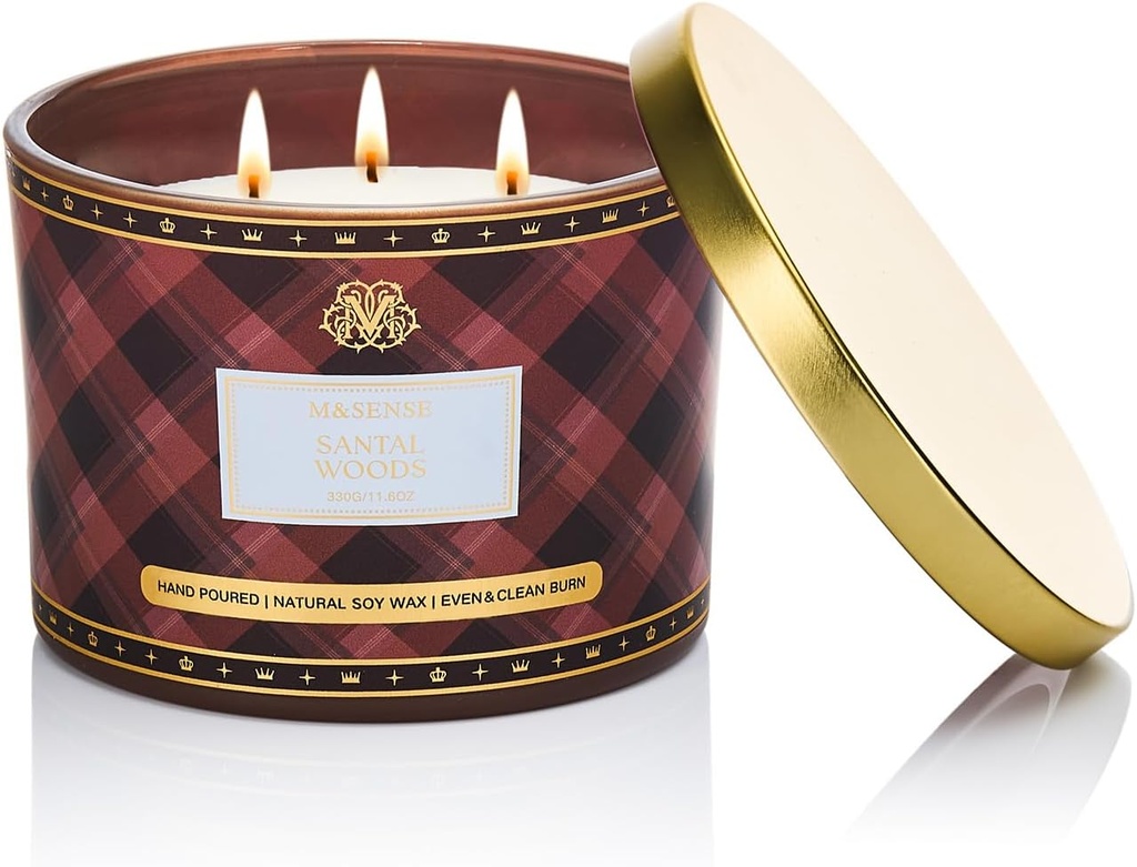 M&SENSE Christmas Scented Candles 330g Santal Woods 65H Long Burning Time, Natural Soy Wax