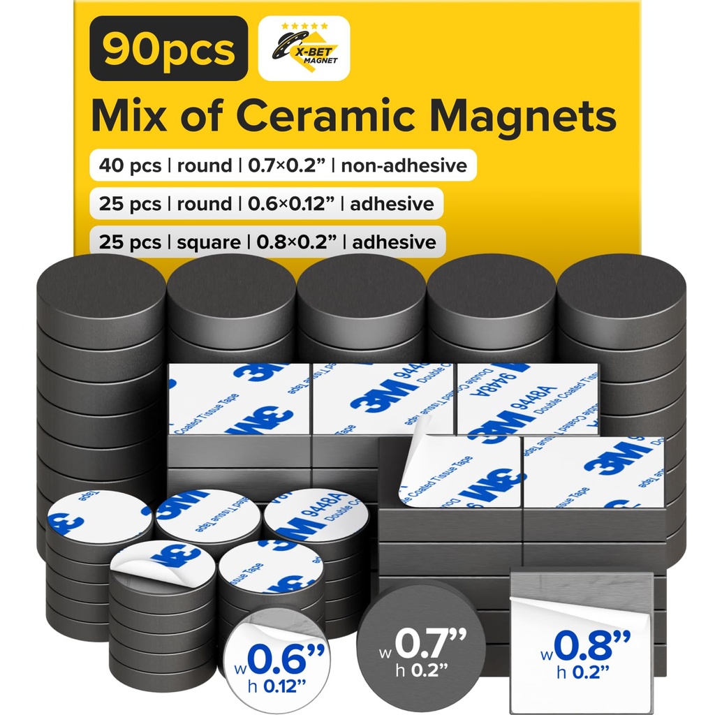 Strong Ceramic Round and Square Magnets with Adhesive Backing (3 Sizes Mix, 90 pcs) Ã”Ã‡Ã´