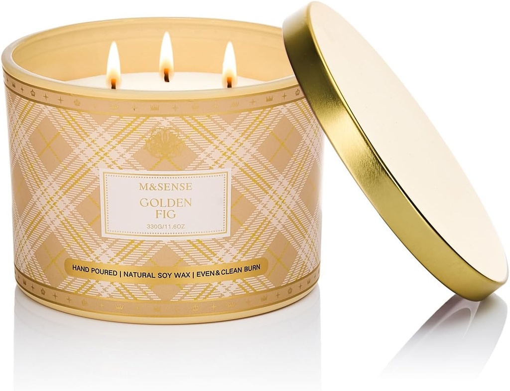 M&SENSE Scented Candles 330g Golden Fig 65H Long Burning Time, Natural Soy Wax Ca