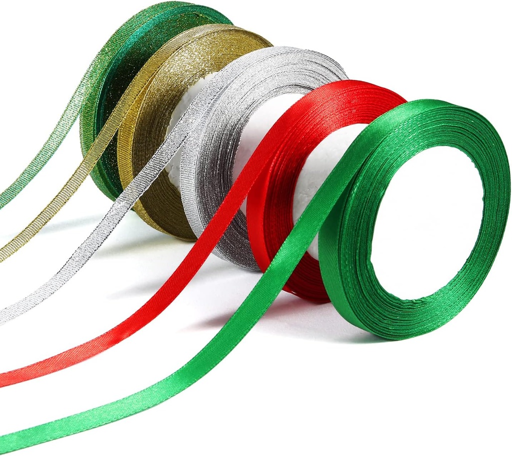 5 Rolls Ribbons for Crafts, 25 Yards Gift Package Wrapping Metallic Glitter Fabri