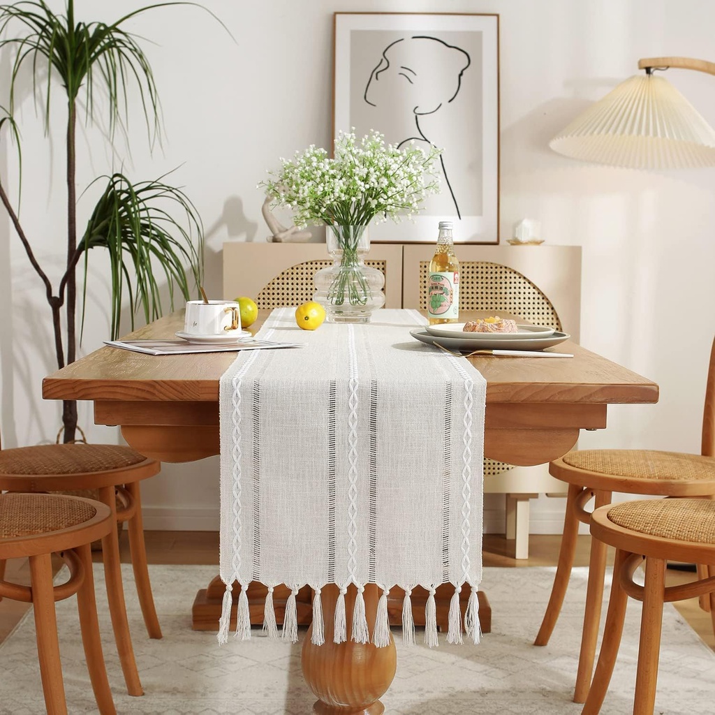 Wracra Hemstitch Cotton Linen Table Runner Farmhouse Style Almond Yellow Table Runner 120cm