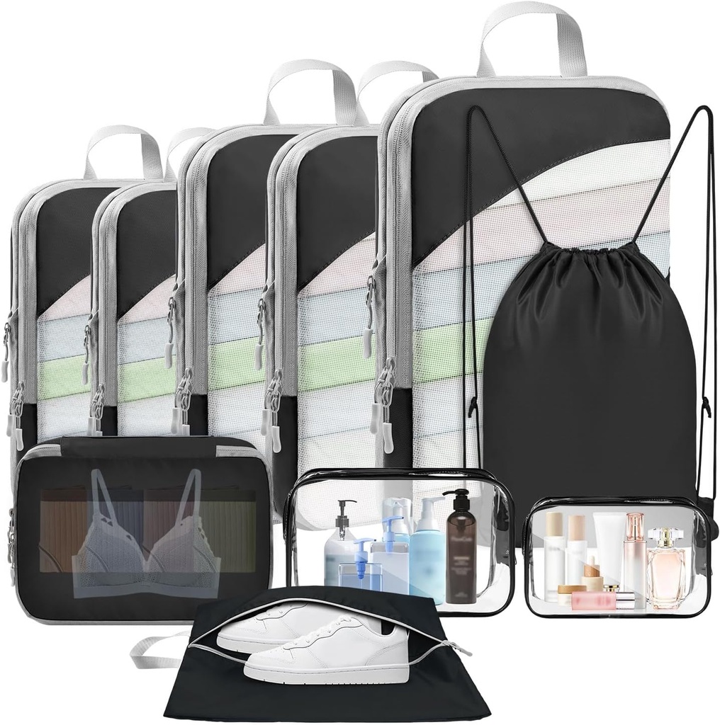 Qlfyuu Compression Packing Cubes for Suitcases Backpack, 10 Piece Lightweight Compression B