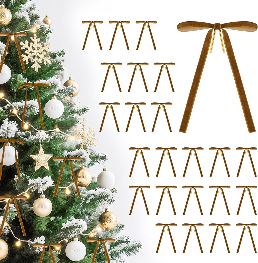 BTSD-home 24 Pcs Khaki Velvet Bows for Christmas Tree Vintage Christmas Ribbon Ornaments wi