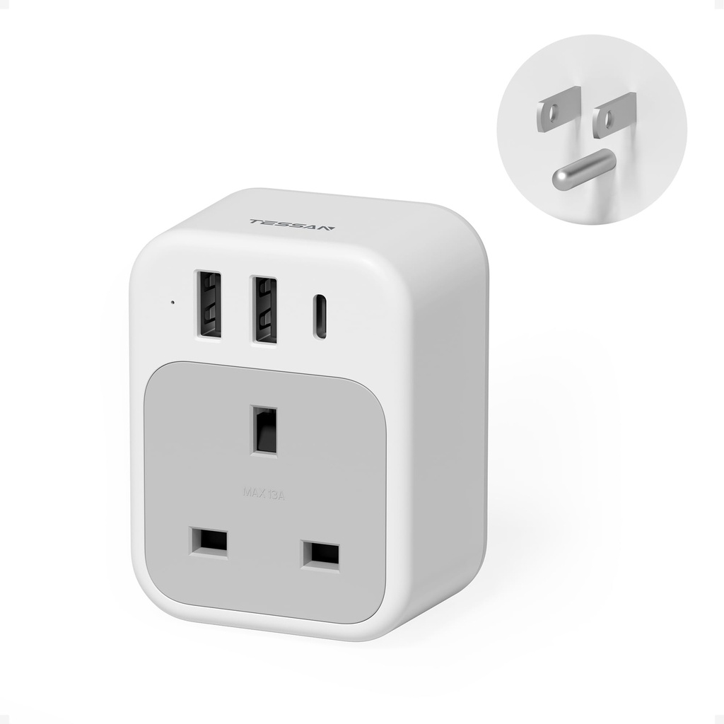 UK to US Plug Adaptor, TESSAN USA Travel Adapter with USB C and 2 USB A, 4 in 1 Travel Adapter