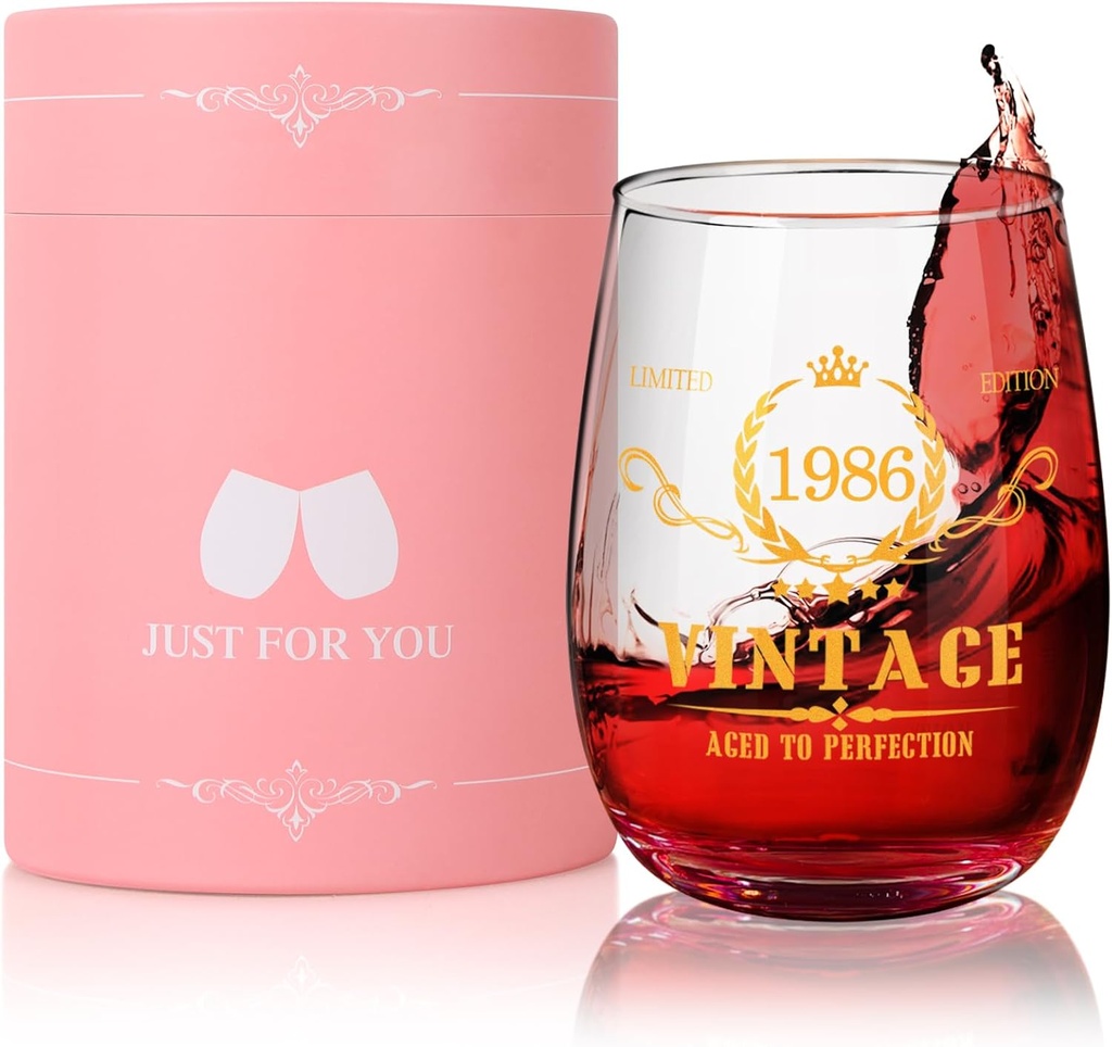 Tecanne 40th Birthday Gifts for Women Men - 1984 Vintage Style 15oz Stemlesss Wine Glass