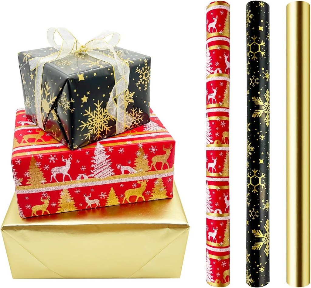 3 Rolls Metallic and Brilliant Christmas Wrapping Paper, 16.9in x 9.84ft Recyclable Gift Wr