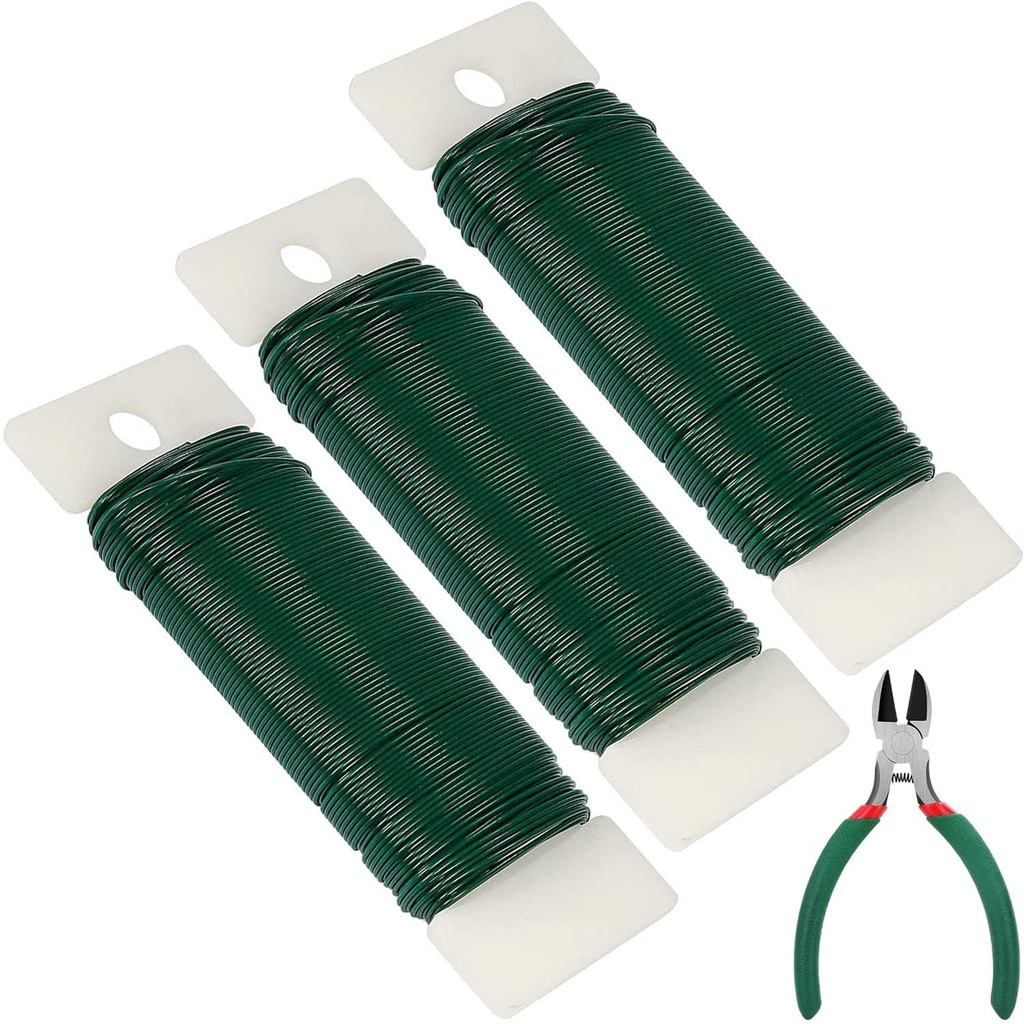 JIUDONE 3 Pack 125 Yards Green Floral Wire 22 Gauge With Cutter - Flexible Craft Paddle 