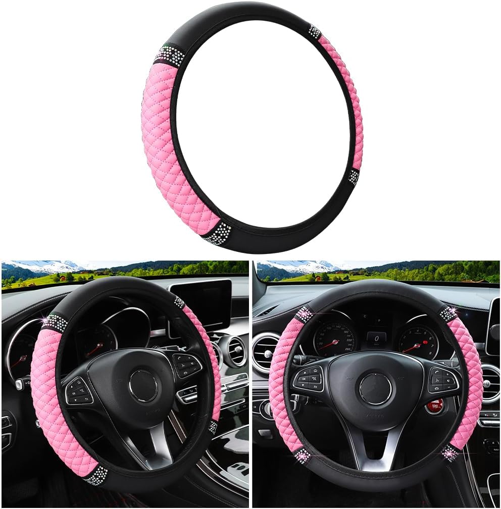 CGEAMDY Bling Soft Leather Steering Wheel Cover, Colorful Rhinestones Auto Elastic Steering