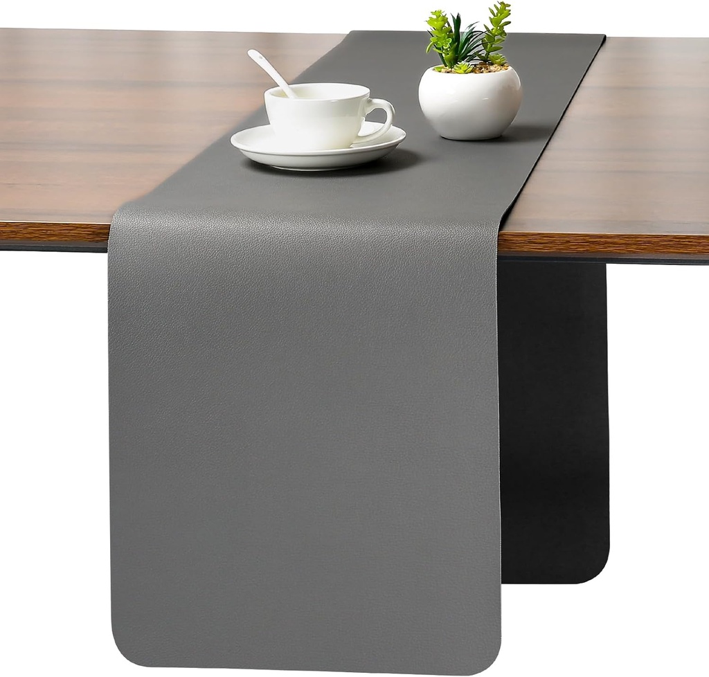 Myir JUN Table Runner, Table Runner Modern Washable Desk Mat Double Sided Faux Leather Desk
