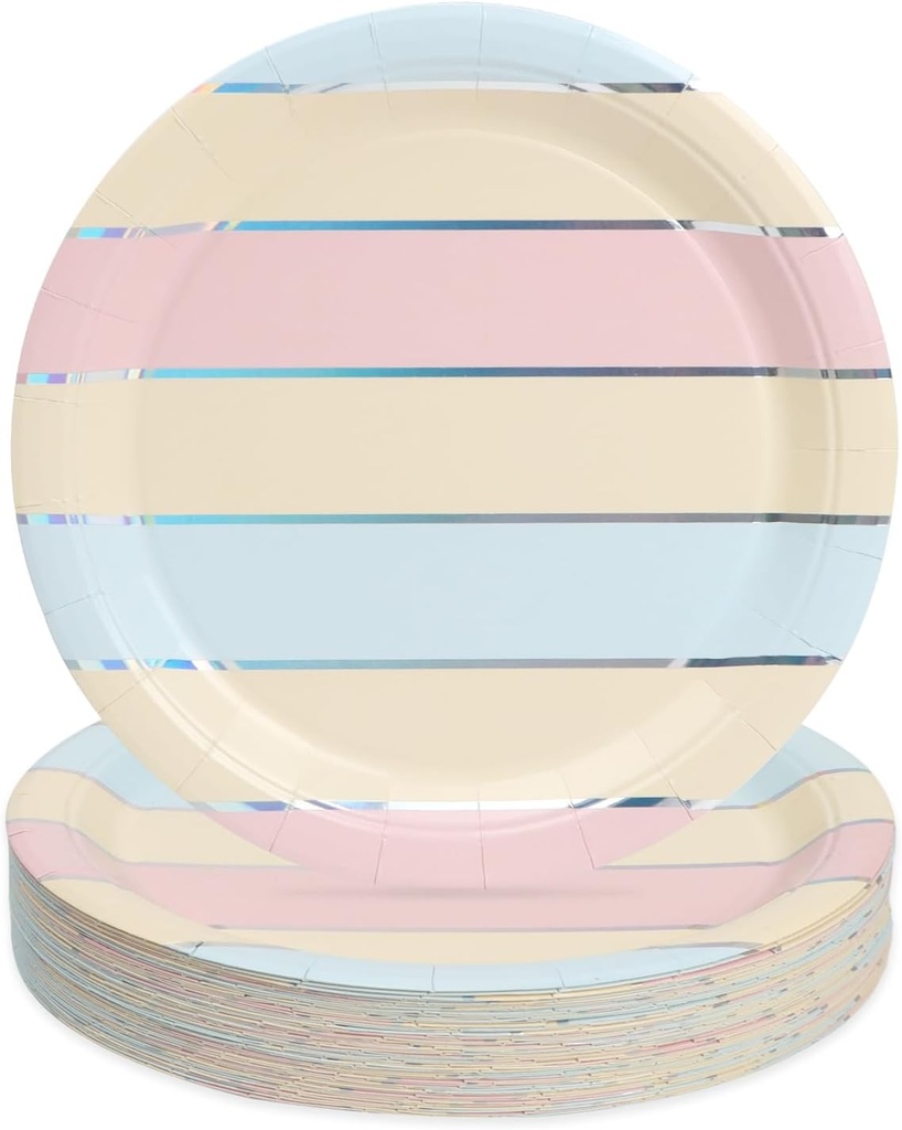 PARTY GO 50pcs 9'' Pastel Paper Plate Thin Silver Foil Shiny Stripes Paper Plates Set for D