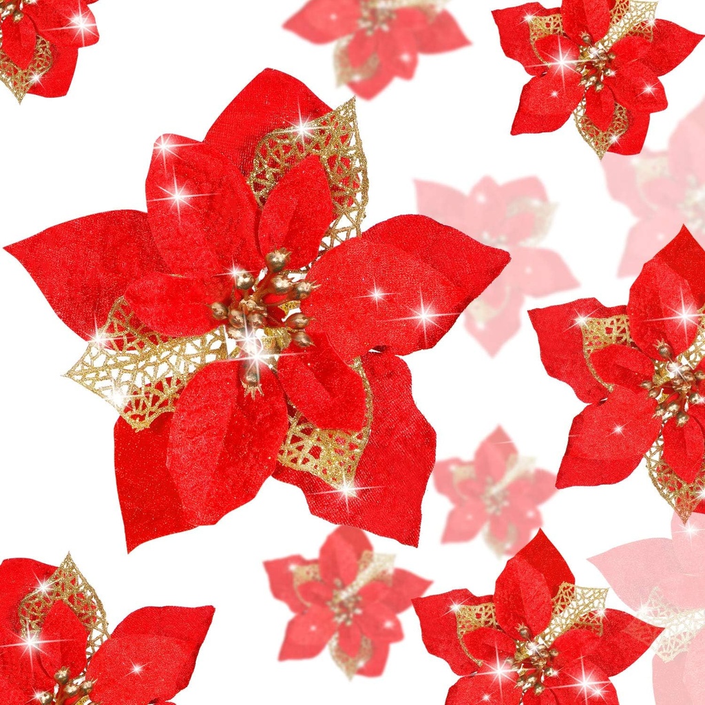 Boao 24 Pieces Christmas Glitter Flowers Poinsettia Artificial Xmas Flowers Wedding Christmas