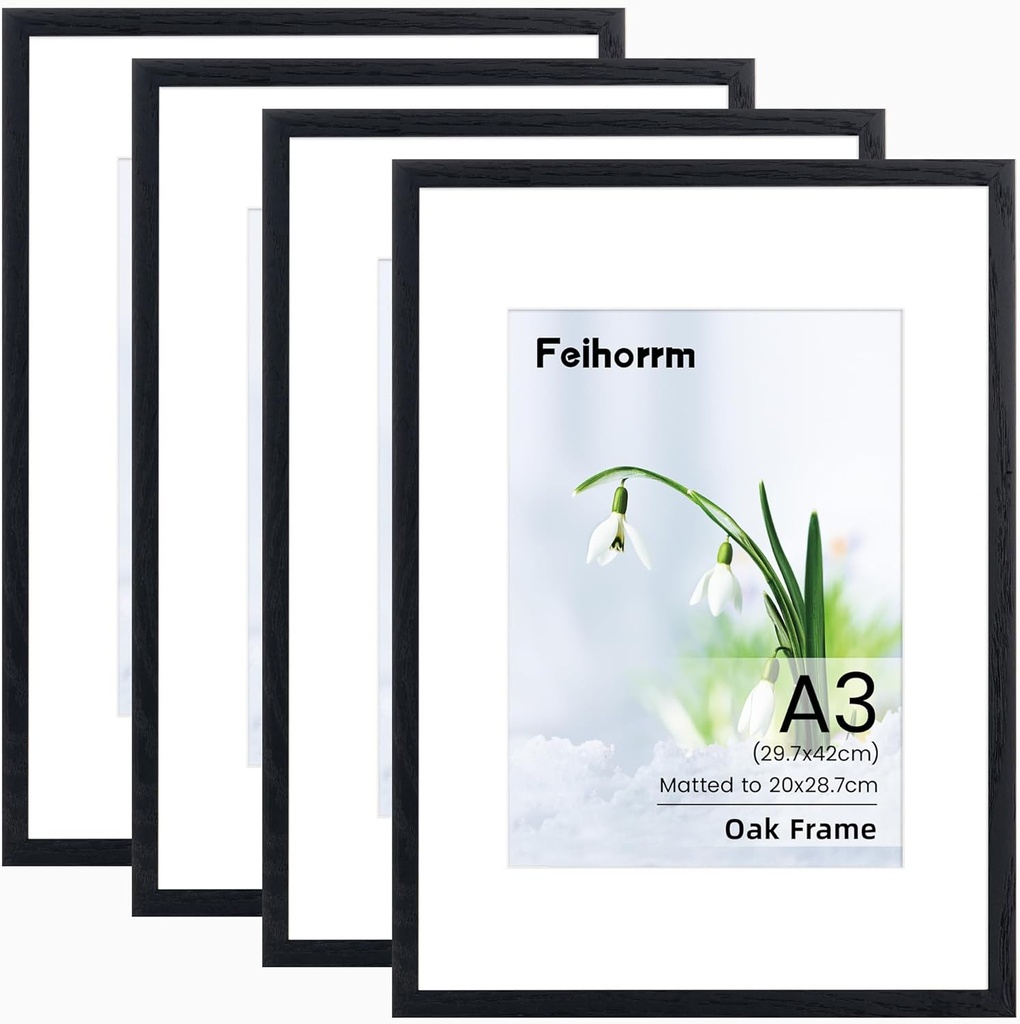 A3 Picture Frame Black 4 Pack Solid Oak Wood A3 Frame with Mount for A4 Frame, A3 Poster 
