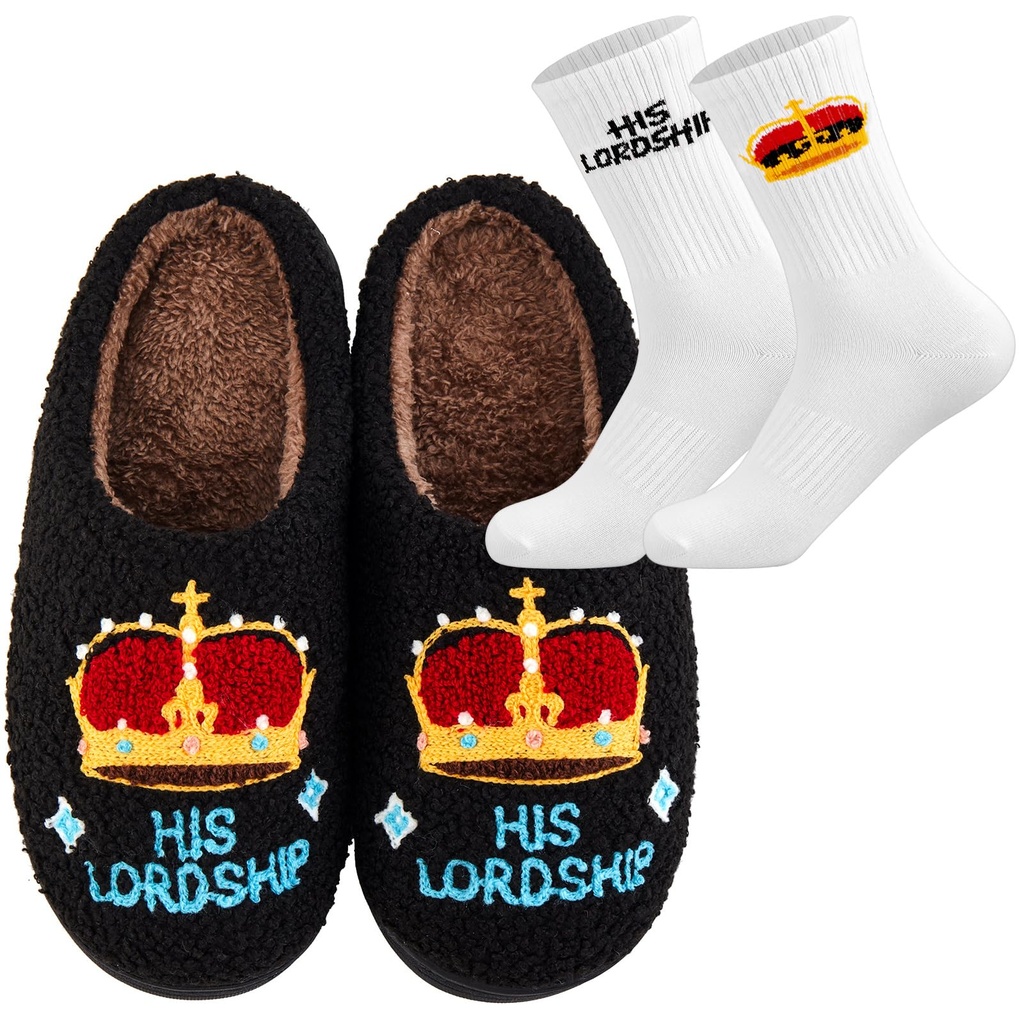 Geyoga His Lordship Winter Slippers and Socks Set for Men - Cozy Non Slip Plush Fleece Line