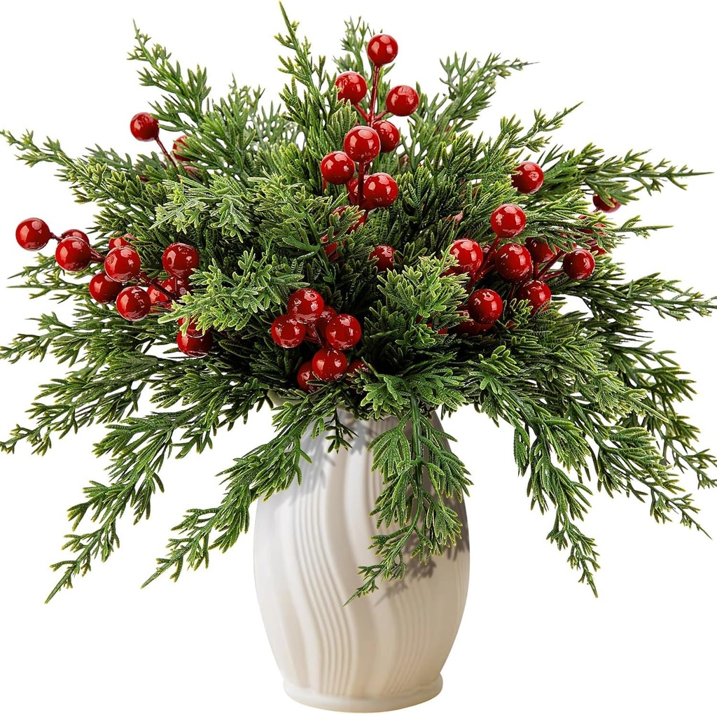 Purple Star 45Pcs Small Christmas Norfolk Pine Branches with Red Berry Stems- 14inch Artificial