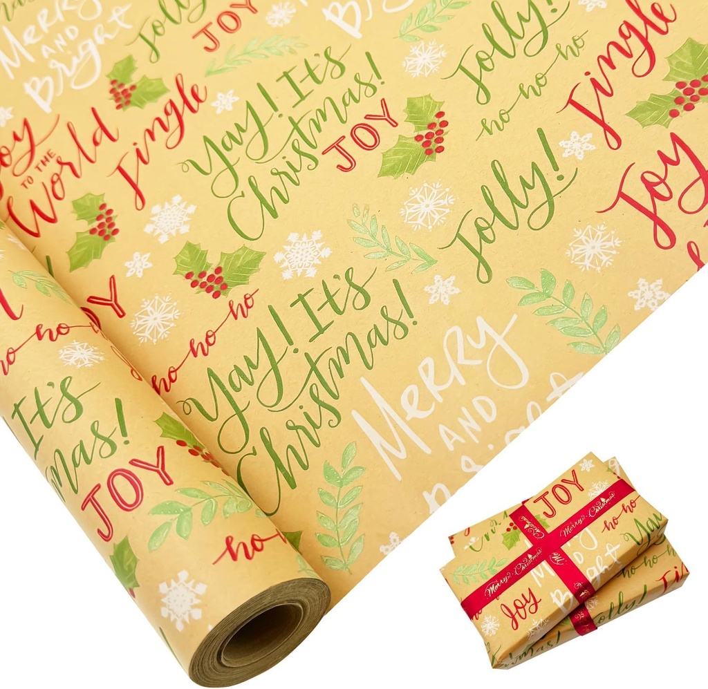 Gift Wrapping Paper Roll for Christmas: Large Size 76cm x 12M Kraft Paper Printed with Festive Decor