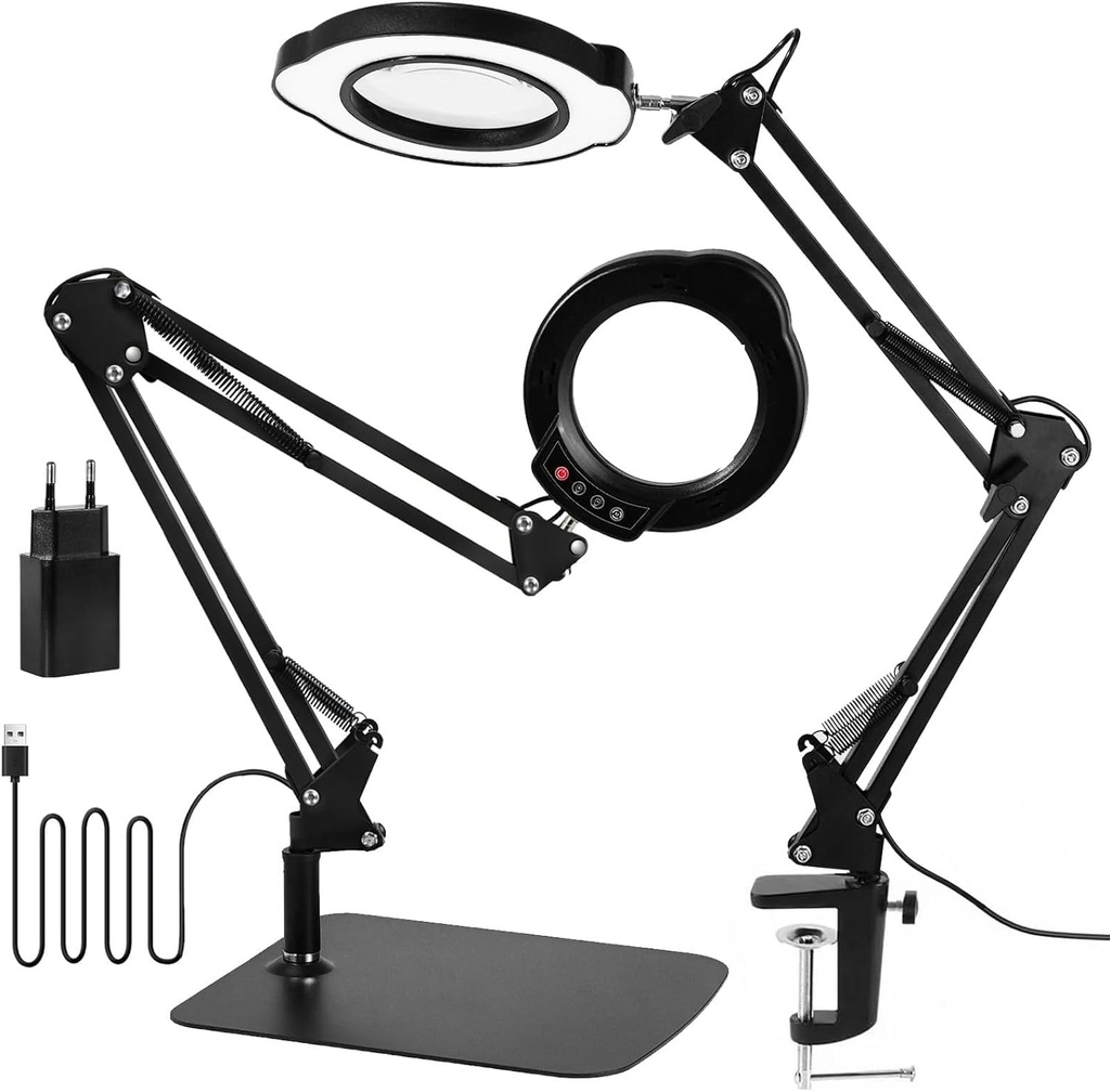10X Magnifying Glass with Light and Stand, 2 in 1 LED Magnifier Desk Lamp with Clamp