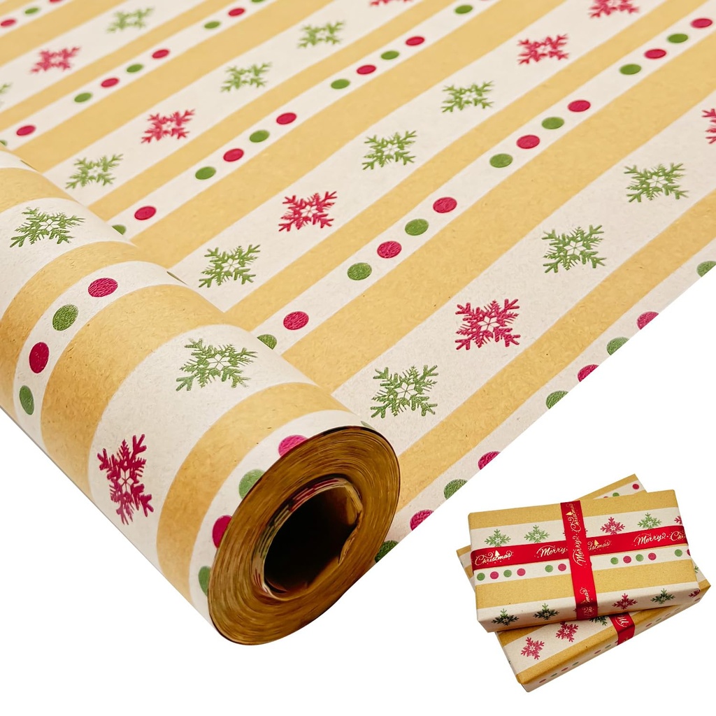 Gift Wrapping Paper Roll for Christmas: Large Size 76cm x 12M Kraft Paper Red and Green 